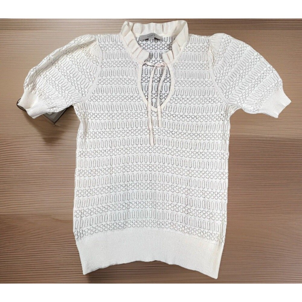 Loft Pointelle Knit Womens Sweater Cotton Cream Tie Ruffle Neck Sz XS